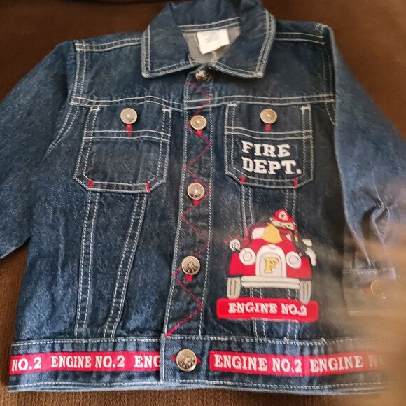 Denim Jacket With Fire Dept. Appliques, Size 24 Mo. - Picture 1 of 9